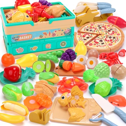 JQLM 74PCS Kids Pretend Play Cutting Food Toys with Basket, Play Kitchen Accessories with Fake Food Toy, Role Play Toys for Boys Girls, Educational Gift Toys for Toddlers Age 3,4,5