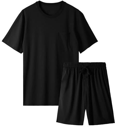BAMBOO COOL Mens Pajama Set Sleepwear Pjs Lightweight Short Sleeve Shirts Soft Breathable Fresh Sleep Sets with Pockets S-3XL C-black