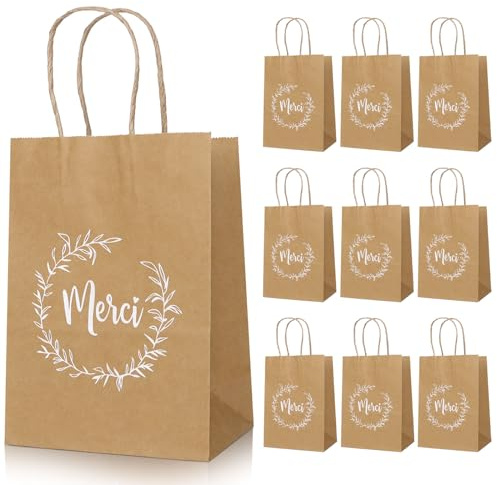 10Pcs Sac Cadeau Papier Kraft Pochette “Merci” avec Poignée Emballage pour Anniversaire Noël Mariage Fête 21 * 8 * 15cm