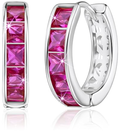 Linawe Silver Hoop Earrings for Women Trendy, Cartilage Stud Huggie Earrings, Hot Pink Cubic Zirconia Tragus Piercing Jewellery, Small Imitation Diamond Rhinestone Crystal Hoops