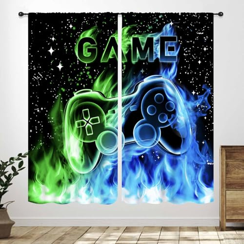 Gamer Curtains for Boys Room,Blue Flame Video Gamer for Boys Kids Teen Bedroom Window Treatment,Outer Space Gaming Game Controller Nursery Living Room Drapes 2 Panel Sets,42X45 Inch