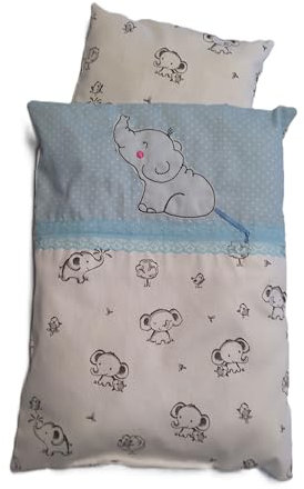 Puppenbettwäsche Größe: Decke 33h x 26b cm, Kopfkissen 16h x 19b cm, wahlweise rosa oder blauen Elefanten