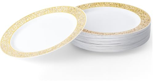 MATANA 40 Premium White Plastic Dessert Plates with Gold Rim, 19cm / 7 Inch - Elegant & Reusable Small Side Plates, Starter Plates for Weddings, Birthdays, Picnic, BBQ, Parties