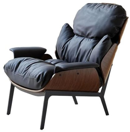 Bequemer schwarzer Leder-Sessel mit Armlehnen, moderner Akzentstuhl für Wohnzimmer und Schlafzimmer, gepolstert, Einzelsofa, Lesesessel aus Massivholz