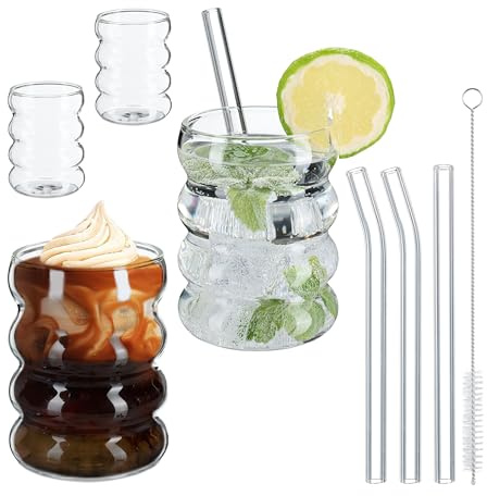 Relaxdays Dricksglas uppsättning om 4, vattenglas, vågiga, diskmaskinssäkra, sugrör, för iskaffe, 350 ml, transparent