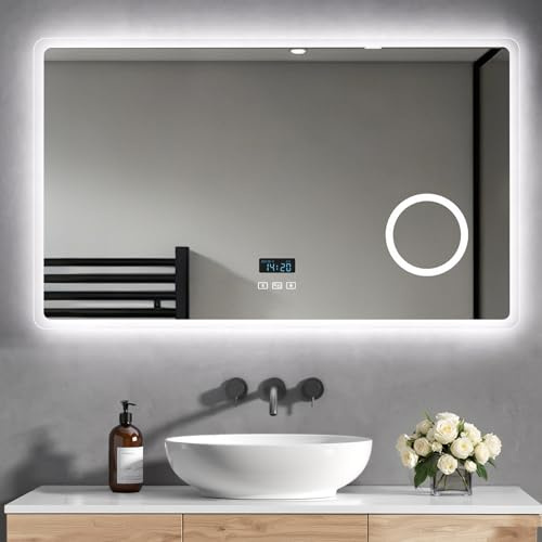 Heilmetz Bluetooth Badspiegel mit Beleuchtung 100x60cm, LED Badezimmerspiegel mit Licht, Uhr, 3 Lichtfarben Dimmbar, Antibeschlag, 3X Vergrößerung, Wandspiegel mit Beleuchtung, Energiesparend