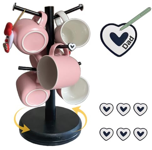 OMISHINE Tassenhalter mit Namensschildern, 360° Drehbare Tassenständer Stehend für Küche - Tassenbaum Tassen Organizer, Schwarzer Tassen Halterung für 6 Becher, Kaffeeaccessoires.