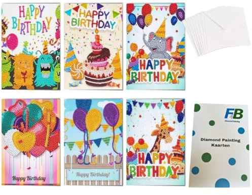 F4B 6-teilige Grußkarten (6) Diamond Painting 15x15cm | Runde Strasssteine | Mit Briefumschlägen | Geburtstagskarten | Kartenset | Cards | Happy Birthday | Kinder | Paket Erwachsene und Kinder