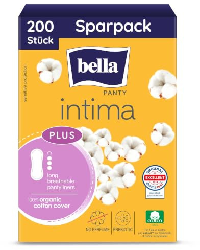 bella Panty intima Plus Slipeinlagen Long (200 Stück) 100% Baumwolle | parfümfrei, mit Präbiotikum | 5x40 Damen Einlagen