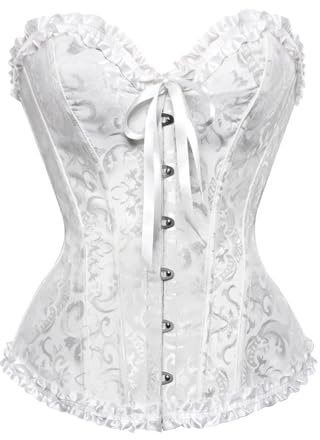 HKYBCF Damkorsetter XS-7XL Overbust Korsett Plus Size Sexiga Korsetter Och Bustiers Satin Blommig Spets Korsett Toppar Vintage Underkläder Dam (Vit, 7XL)
