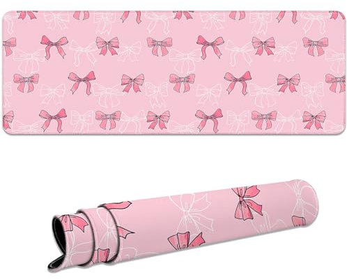 Ksriylm Cute Bow Desk Mat,Gaming Mouse Pad for Pc,31.5x11.8 Inch Mouse Mat,Rubber Non-Slip Base Gaming Mouse Mat,Stitched Edges Large Mouse Pad for Office and Home,Pink Bow