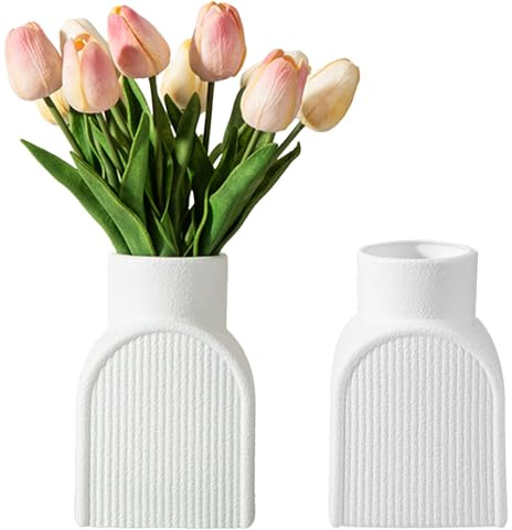 Fyfjur 2 Pcs Plastic Vase for Flowers, Striped Modern Durable White Vases for Flowers, Shatter-resistant Flower Vases for Living Room Dining Room Office Wedding Decoration (15.5x10.5x8.5cm)