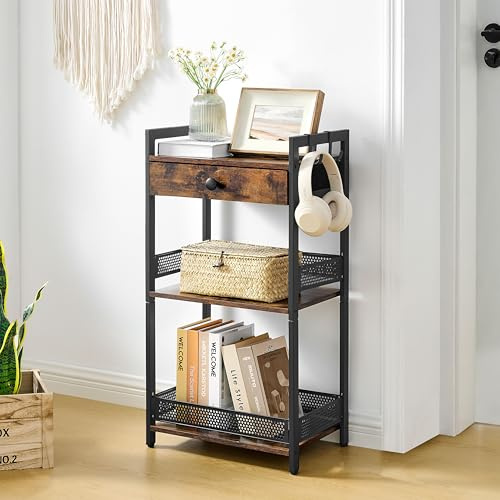FAVOOSTY 3-Tier Ladder Shelf Unit, Small Book Shelf Free Standing, Bathroom Towel Storage, Kitchen Corner Shelves, Plant Stand End Table with Drawer for Bedroom Living Room Balcony, Black Brown