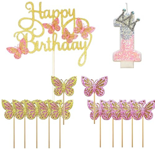 Axvxby Happy 1st Birthday Schmetterling Kuchentopper Tortendeko Rosa Gold Zahl 1 Kerze Mädchen 1 Geburtstag Kuchen Deko Cupcake Deko Glitzer Schmetterling Deko Geburtstag (Zahl 1)