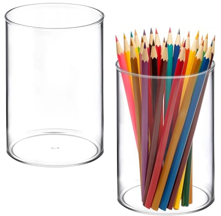 Ptwola Lot de 2 porte-crayons en acrylique transparent - Organiseur de bureau - Porte-pinceaux de maquillage - Pot à crayons transparent - Pour bureau, école, maison, fournitures ménagères