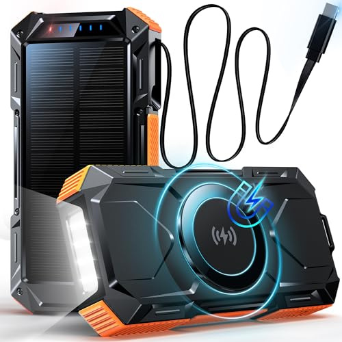Magnetic Wireless Power Bank, 26800mAh 30W Fast Charging Battery Pack with 3 Outputs, Built-in Retractable USB-C Cable,Flashlight, Solar Portable Charger for Smartphone, Travel, Emergency (Orange)