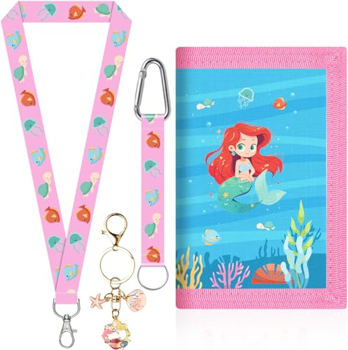 HYZMSZA Portafoglio Bambina Sirena con Portachiavi, Portamonete a Tre Pieghe per Ragazze, Set Regalo Pratico (2 Cinturini), Nylon resistente e impermeabile - Ideale per Compleanni o Inizio Scuola