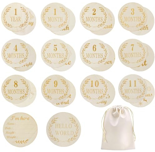 Zyiphor 13 Stück Meilensteinkarten Baby Holz 26 Design Monatskarten Baby 1-12 Monate, Meilensteine Baby Als Geschenk für Werdende Eltern und Babys zur Babyparty