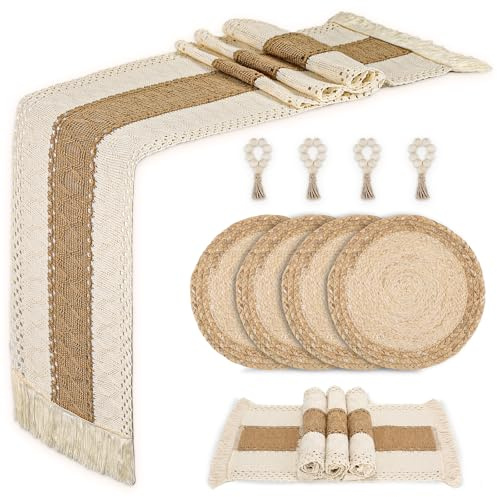 Set di 4 tovagliette con piatti di presentazione, tovagliette da tavola, runner da tavola e anelli portatovaglioli, realizzate in iuta di cotone naturale e buccia di mais, antiscivolo, resistenti al