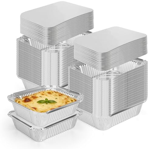 AZKEEGREY 50 stycken aluminiumskålar med lock, 600 ml grillskålar aluminiumskålar, skålar av aluminiumfolie för bakning, stekning, matlagning, behållare, 16,5 x 13,5 x 5 cm