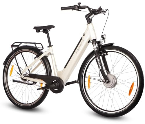 SAXONETTE E Bike mit Rücktrittbremse und nabenschaltung, Ebike Damen 28 Zoll mit 36V 13Ah BMS Akku, 7 Gang Elektro Fahrrad Erwachsene mit Federgabel, Pedelec mit Gepäckträger für Damen und Herren