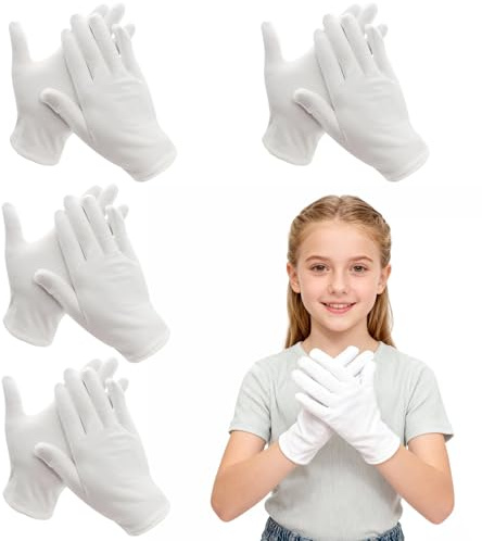 Gants Coton Dermatologique Enfant, 4 Paires Gant Coton Blanc Eczema Enfant Gants Blancs Enfants pour les Mains Sèches, Gants D'eczéma Nuit Enfants (11-15 ans)
