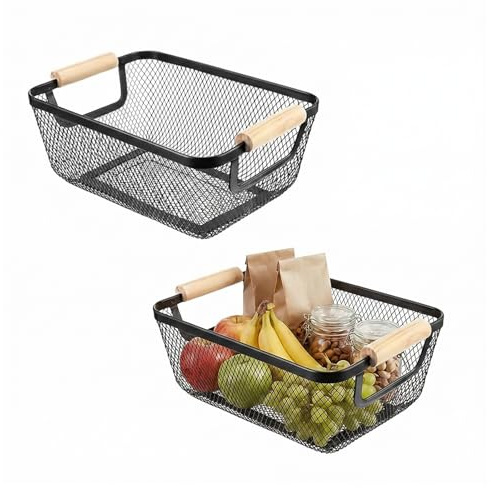 Drahtkorb, 2PCS Metallkörb Schwarz, Metall Badezimmer Aufbewahrungskorb, Korb mit Henkel, Obstkorb Hängend, Haushalt Wandkorb für Küche Speisekammer Badezimmer Schlafzimmer
