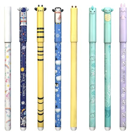 Juego de 8 bolígrafos de gel borrables,Bolígrafo De Tinta Termosensible,diseños de animales,Escritura Suave Sin Manchas,bolígrafos borrables colores,Negro,Azul,Verde,Rojo,Bolis Borrables