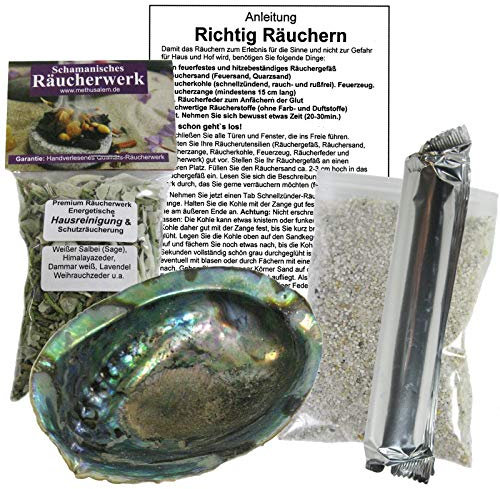 Räuchern mit Räuchermuschel Räucherschale aus Seeopal 12-14 cm 5-TLG Set mit Weihrauch Räuchermischung Schutz & Hausreinigung + Räucherkohle + Anleitung & Zubehör. 81578