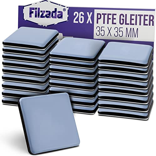 Filzada® 26x Teflongleiter Selbstklebend 35x35mm Eckig - Möbelgleiter PTFE | Teppichgleiter für Stuhl, Tisch, Möbelfüße - Bodenschutz raue Böden, Fliesen, Teppich - hohe Belastbarkeit - geräuscharm