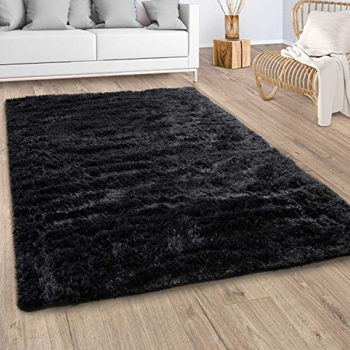 Paco Home Hochflor Teppich Wohnzimmer Fellteppich Kunstfell Shaggy Flauschig Schwarz, Grösse:60x100 cm