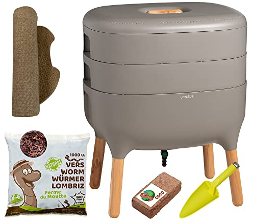 Moutta | Urbalive 2 Schalen Grau, Komplettset I Design Wurmkomposter I 500g Kompostwürmer / 1000 STK. I Startersubstrat I Hanfmatte + Schaufel I Innenraum, Balkon und Garten