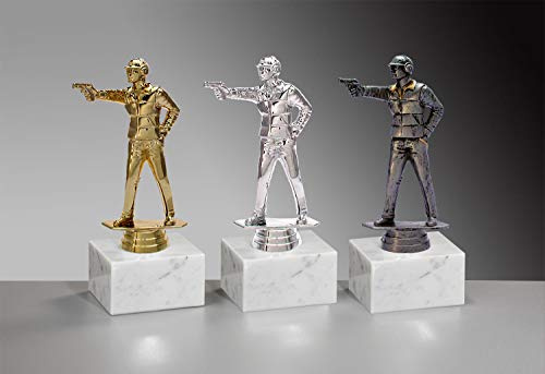 Henecka 🏹 Schießport-Pokal, Schützen-Trophäe, Pistolen-Schütze auf Marmorsockel, mit Wunschgravur, wählbar in 3 Farben