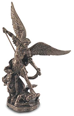 CAPRILO. Figura Decorativa Mitológica de Resina Bronce Arcángel San Miguel sobre Demonio Adornos y Esculturas. Mitología. Decoración Hogar Clásica. Regalos Originales. 7 x 3,50 x 11 cm.