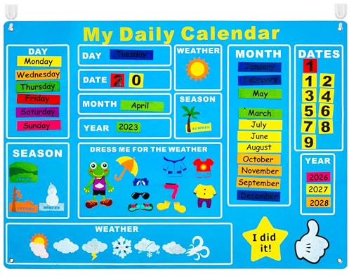 WATINC My First Daily Calendar Felt-Board for Kids 3.5Ft 70Pcs All About Today Funky Frog Weather Season Chart Days of The Week Circle Time Bulletin Board Preschool Early Learning Play Kit for Wall