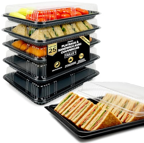 25 Pack Sandwich Platter Trays with Lids – Reusable Catering Food Trays for Parties, Buffets, Sushi, Sandwiches, Cake & Meal Prep (34 x 24 x 7.5 cm)