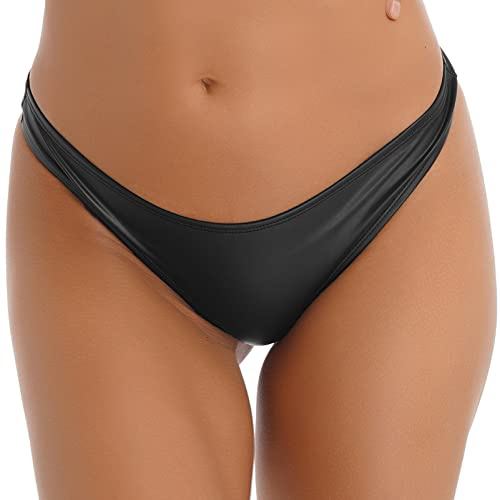 CHICTRY Women's Shiny Metallic Low Rise Micro Thongs Sexy Mini Panties Briefs Lingerie Underwear 3# Black L