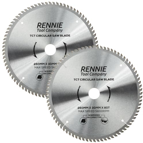 Rennie Tool 260mm x 30mm x 80T TCT Circular Saw Blades For Wood (2 Pack) | Compatible with Festool Bosch Makita Dewalt Circular Saws Etc. Includes 25mm 20mm & 16mm Bore Reduction Rings.