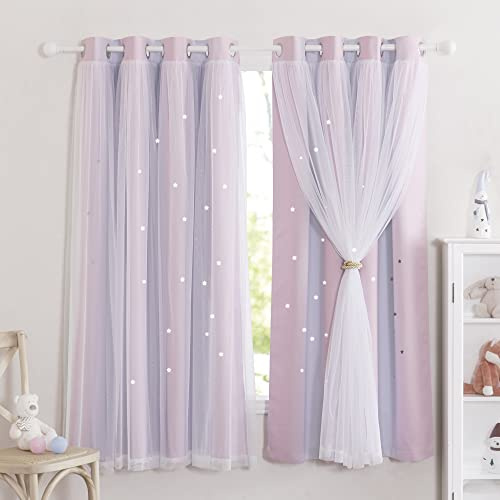 NICETOWN Verdunkelnde Gardinen Kinderzimmer Mädchen Thermovorhang Ösen | 2er Set, H160 x B132 cm, Pink+Lila, Thermo Vorhang gegen Hitze, Doppellagige Vorhänge mit Hohlen Sternen und Voile, Kurz