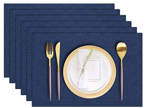 LANDVIEW Cloth Placemats Set of 6, Cotton Linen Blend Machine Washable Durable Linen Table Mats, Heat Resistant Placemats Wrinkle Free Place Mats for Dining Table, Easy to Clean (Navy Blue, 6)
