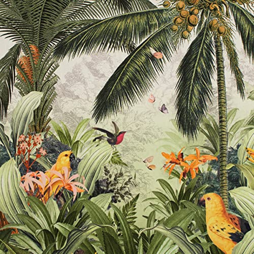 Dekostoff Halbpanama Garden of Eden Panel Palmen Vögel 1Stk 140x140cm