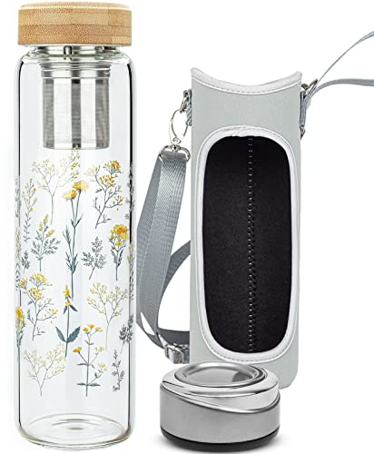 Reeho 907.2 g Borosilikatglas Wasserflasche mit Tee-Ei, Teebecher mit Sieb, wiederverwendbarer Reisebecher mit Hülle & 2 Deckeln, Glas-Trinkflasche für heiße oder kalte Getränke