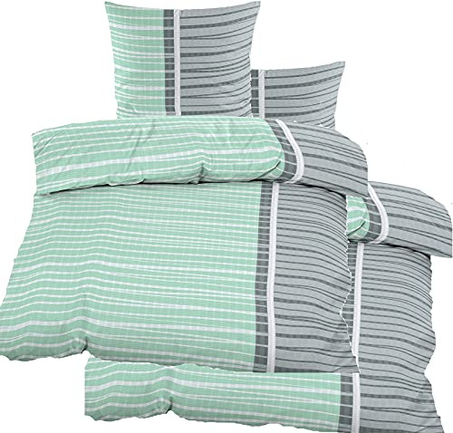 KH-Haushaltshandel 4-TLG. Seersucker Bettwäsche 2X 135x200 +80x80cm, Mint grau Querstreifen, bügelfrei, Microfaser (60349)