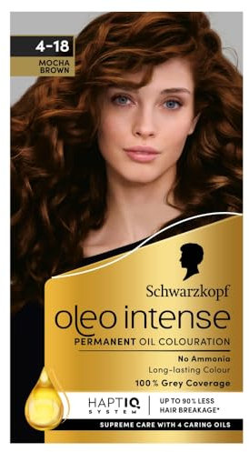 Schwarzkopf Oleo Intense Permanent Oil Colour 4-18 Mocha Brown Hair Dye, 100% Grey Coverage, Conditioner with HaptIQ System, Long-Lasting Colour, Ammonia Free Hair Dye