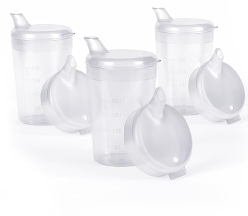 Horn Medical Lot de 3 gobelets à bec verseur de 250 ml pour adulte avec deux couvercles (grande et petite ouverture) par lot – Couleur au choix (transparent)