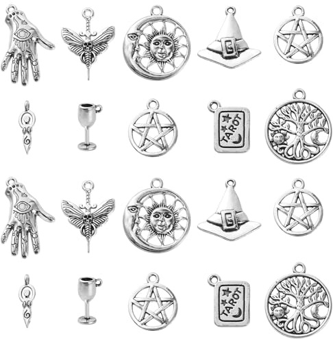 UR URLIFEHALL 100 Pcs 10 Styles Tibetan Witch Charms Antique Silver Witch Hat Goblets Fertility Goddess Charms for Jewellery Making Crafts