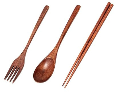 Ezweiji Set de vaisselle en bambou de style japonais réutilisable - Couverts de voyage - Couverts de camping - Fourchette en bois naturel - Cuillère pour soupe, sel, café, mélanger pour un usage