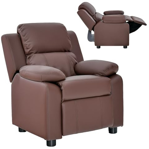 COSTWAY Kids Sofa Chair, PU Leather Upholstered Children Recliner Chair with Adjustable Backrest & Footrest, Storage Armrest and Padded Headrest, Toddler Lounge Armchair for Boys Girls (Coffee)