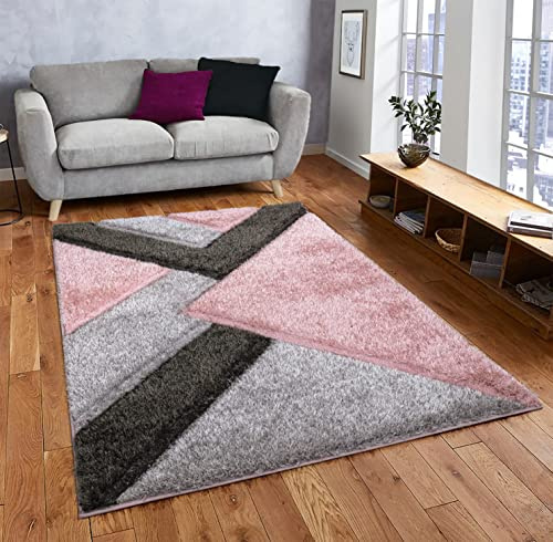 Modern 3D Shaggy Rugs Geometric Carved Design Large Area Rugs Soft Thick Fluffy Rug for Living Room Bedroom Small Floor Mats (Pink Grey, 60 x 110 cm)
