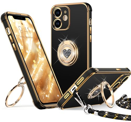 XYZ für iPhone 12 Hülle mit Band, Schwarz | Herzen Doppelring Ständer HandyHülle, Frauen Mädchen Dünn Stoßfeste Case mit Handykette, Anti Kratzt SchutzHülle